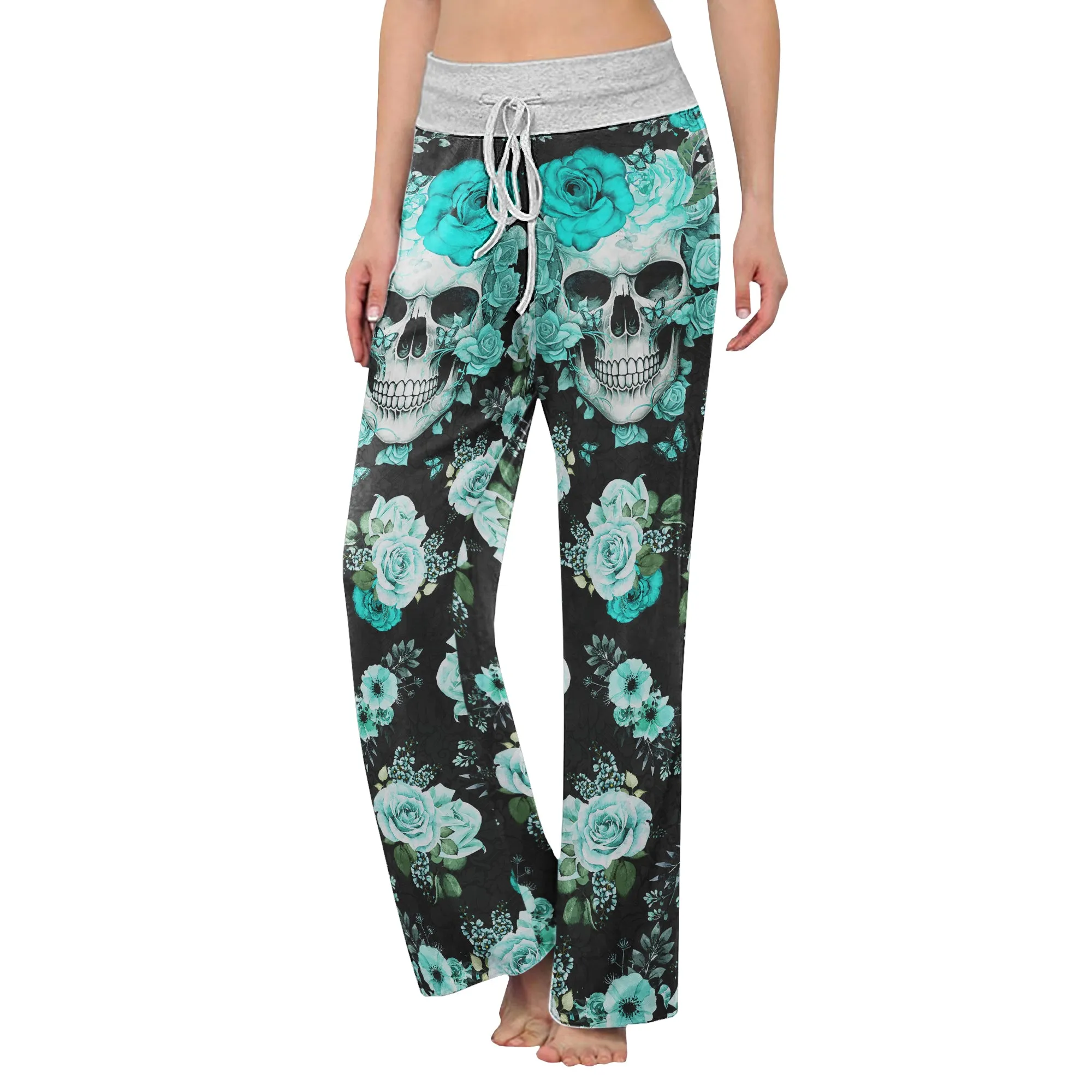 Cyan Skull Floral Art Women's High-waisted Wide Leg Pants