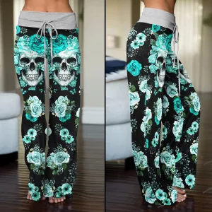 Cyan Skull Floral Art Women's High-waisted Wide Leg Pants