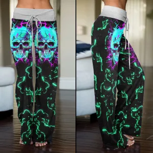 Electric Cyan Skull Women's High-waisted Wide Leg Pants