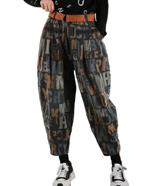 ellazhu Women's Harem Cropped Pants Denim Baggy Patchwork Print Elastic Waist Pull-on Jeans GY2795