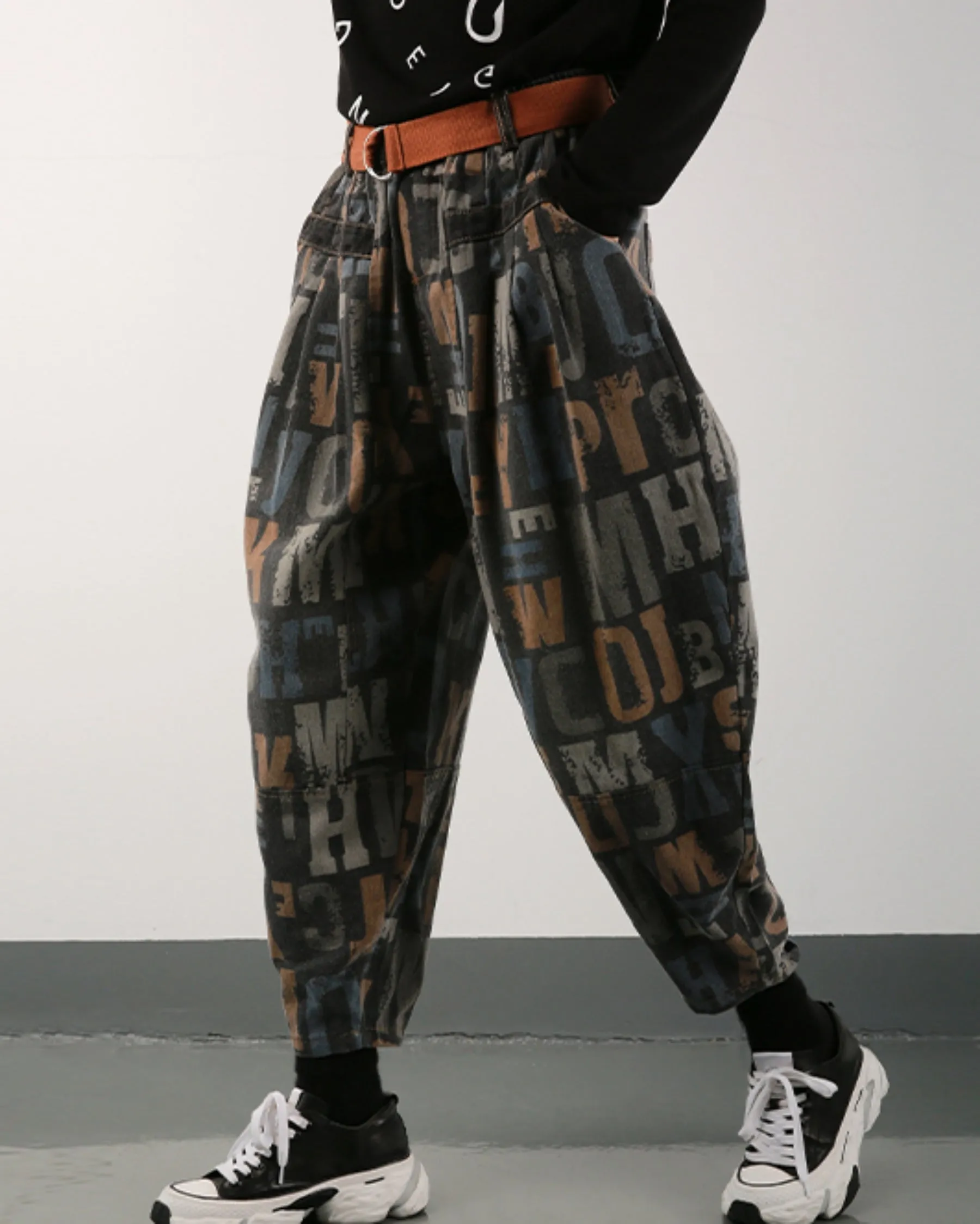 ellazhu Women's Harem Cropped Pants Denim Baggy Patchwork Print Elastic Waist Pull-on Jeans GY2795