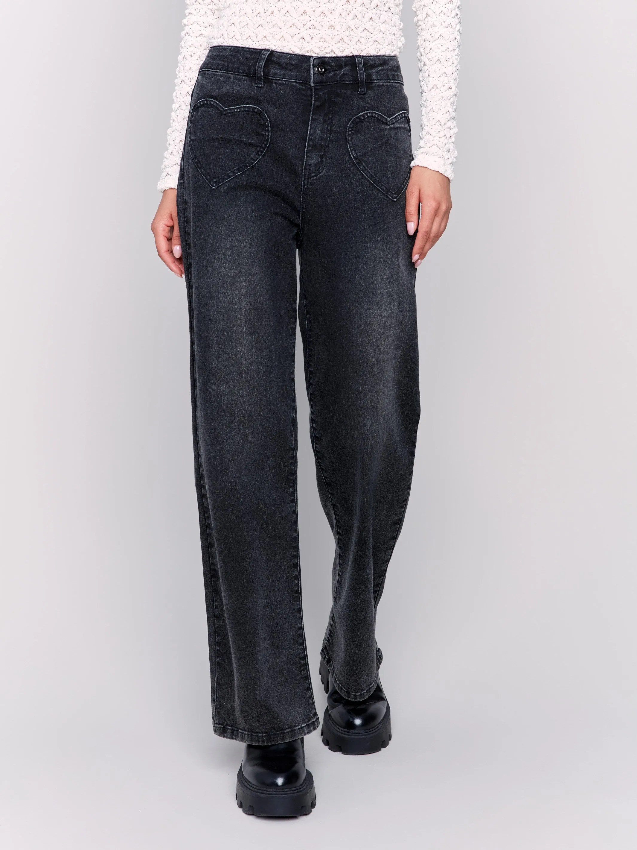 Flare Jeans With Heart Shaped Pockets - Charcoal