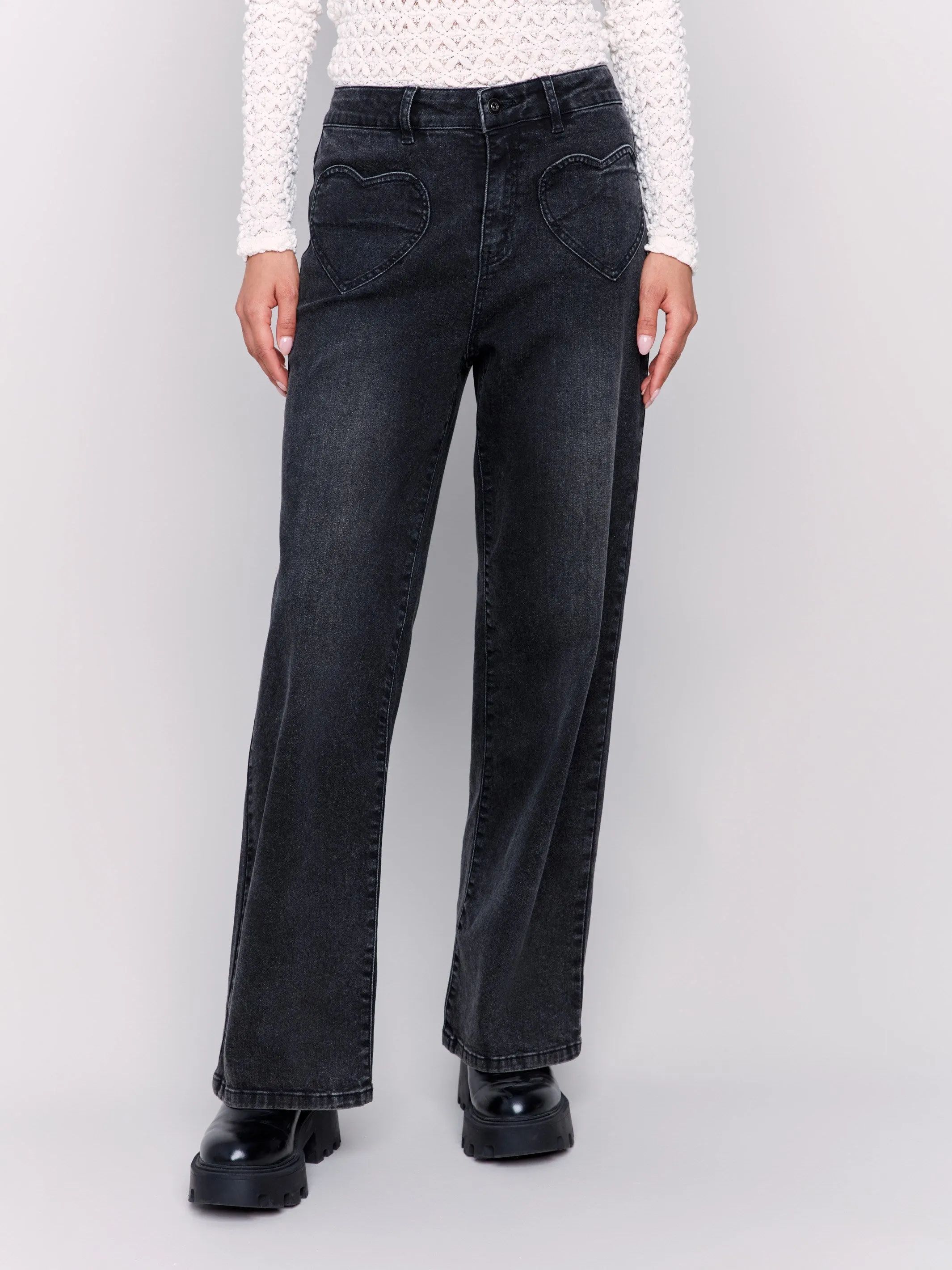 Flare Jeans With Heart Shaped Pockets - Charcoal