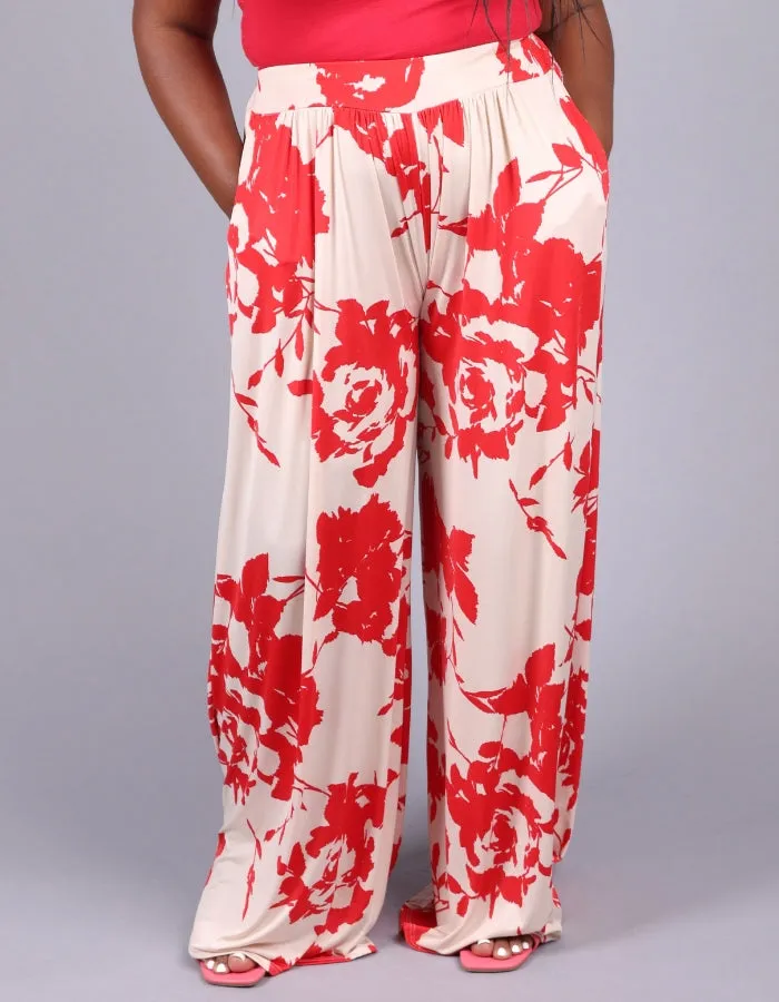 Floral Elastic Waistband Wide Leg Pants
