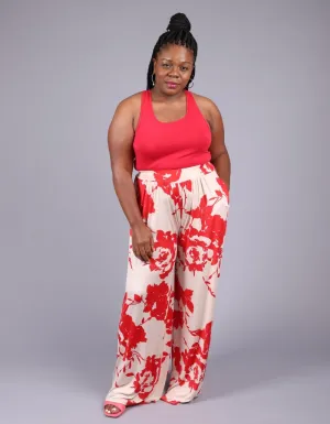Floral Elastic Waistband Wide Leg Pants