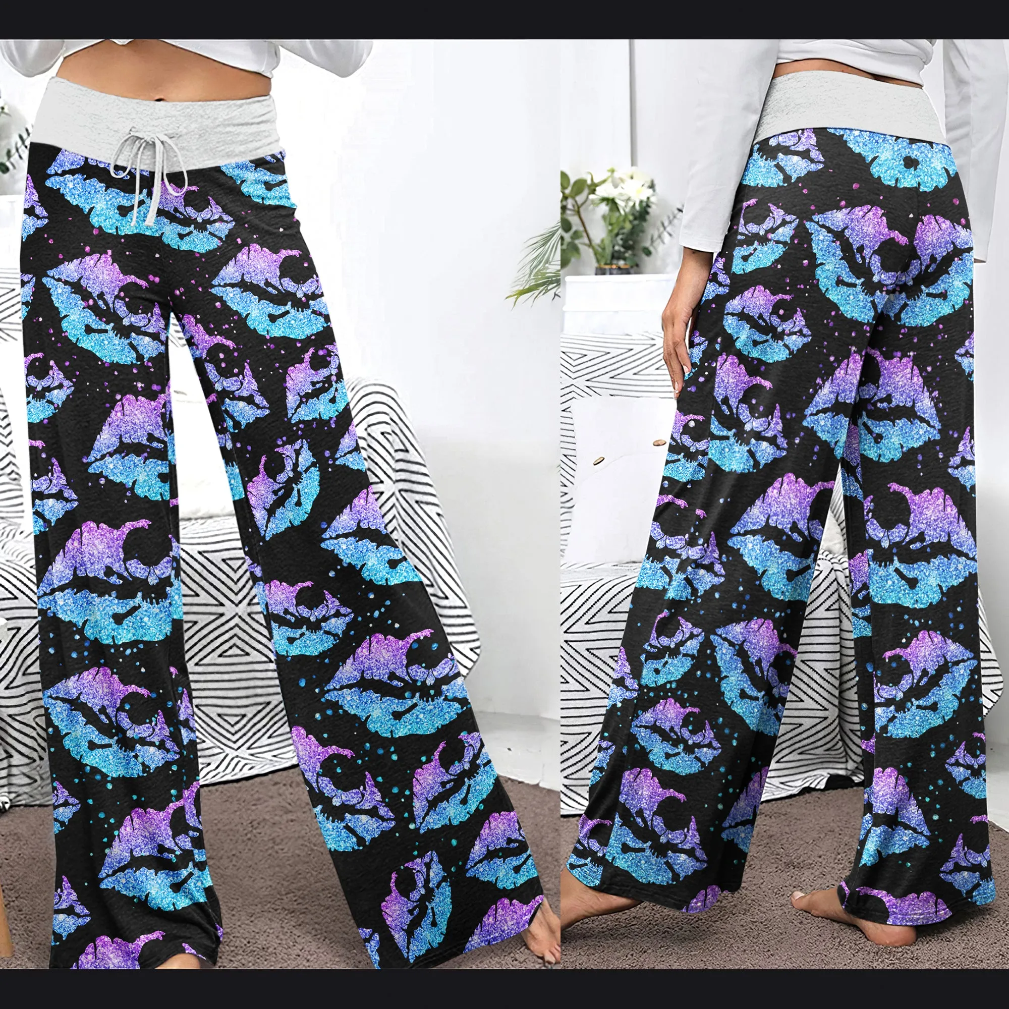 Gradient Twinkle Lip Skull Women's High-waisted Wide Leg Pants