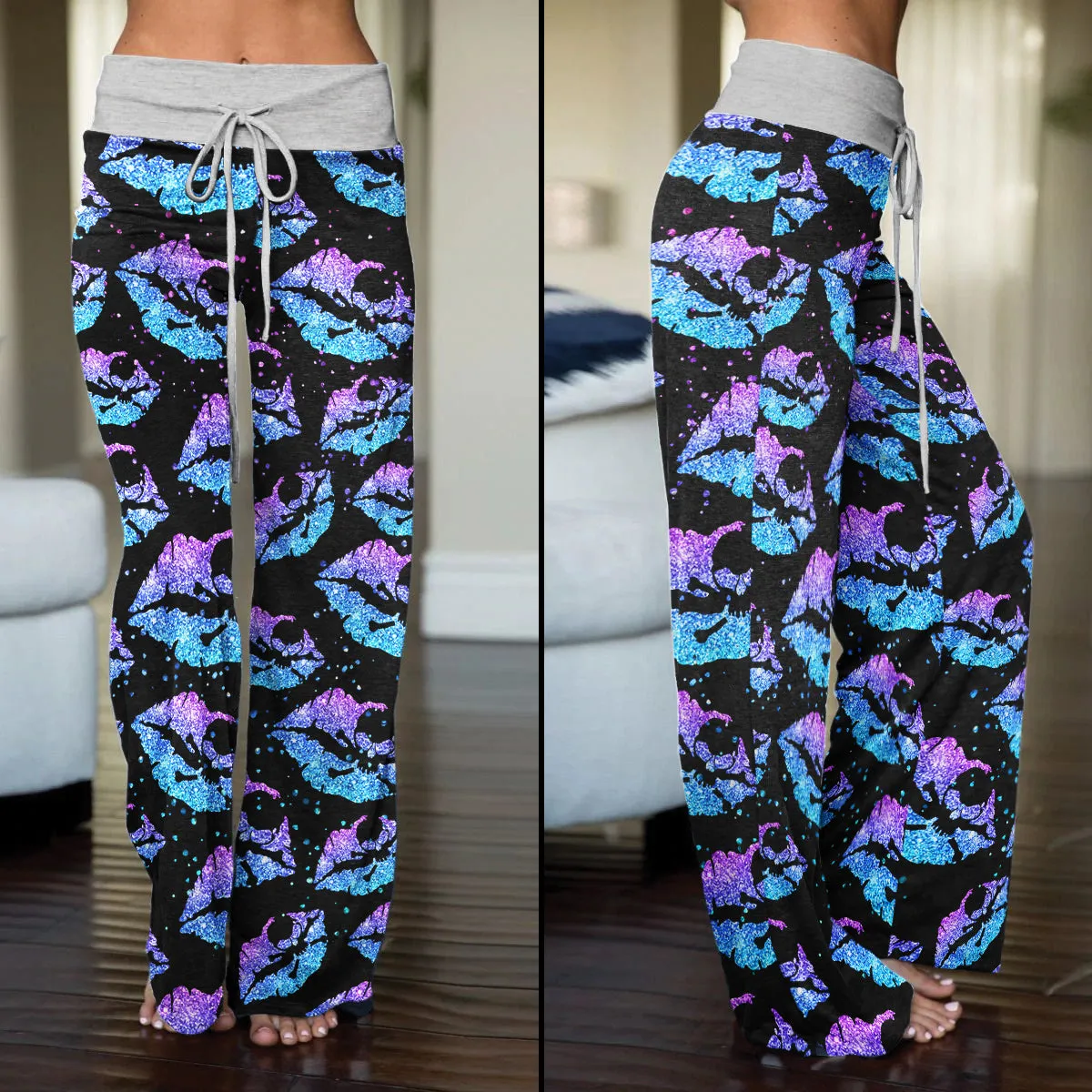 Gradient Twinkle Lip Skull Women's High-waisted Wide Leg Pants