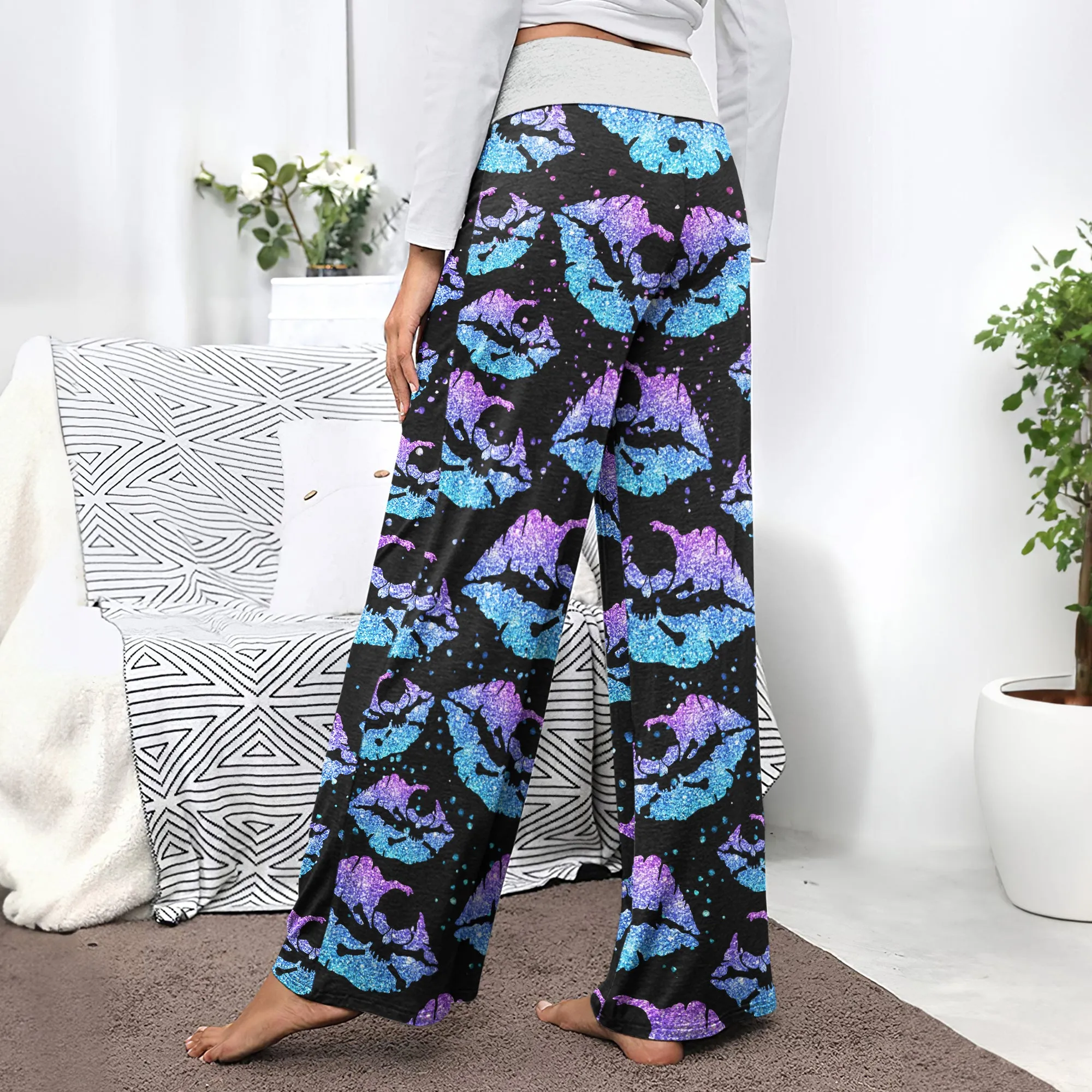 Gradient Twinkle Lip Skull Women's High-waisted Wide Leg Pants