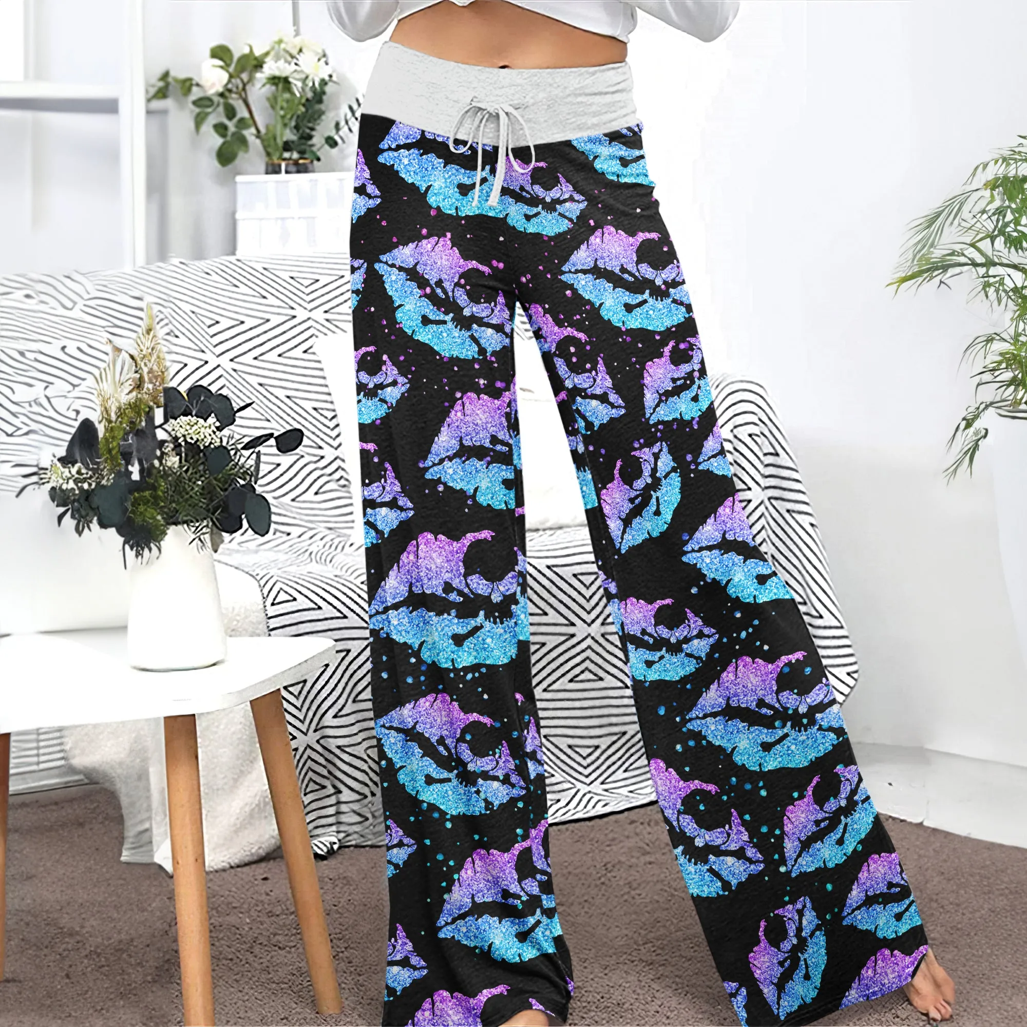 Gradient Twinkle Lip Skull Women's High-waisted Wide Leg Pants