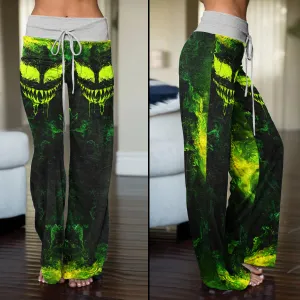 Green Abstract Scary Face Women's High-waisted Wide Leg Pants