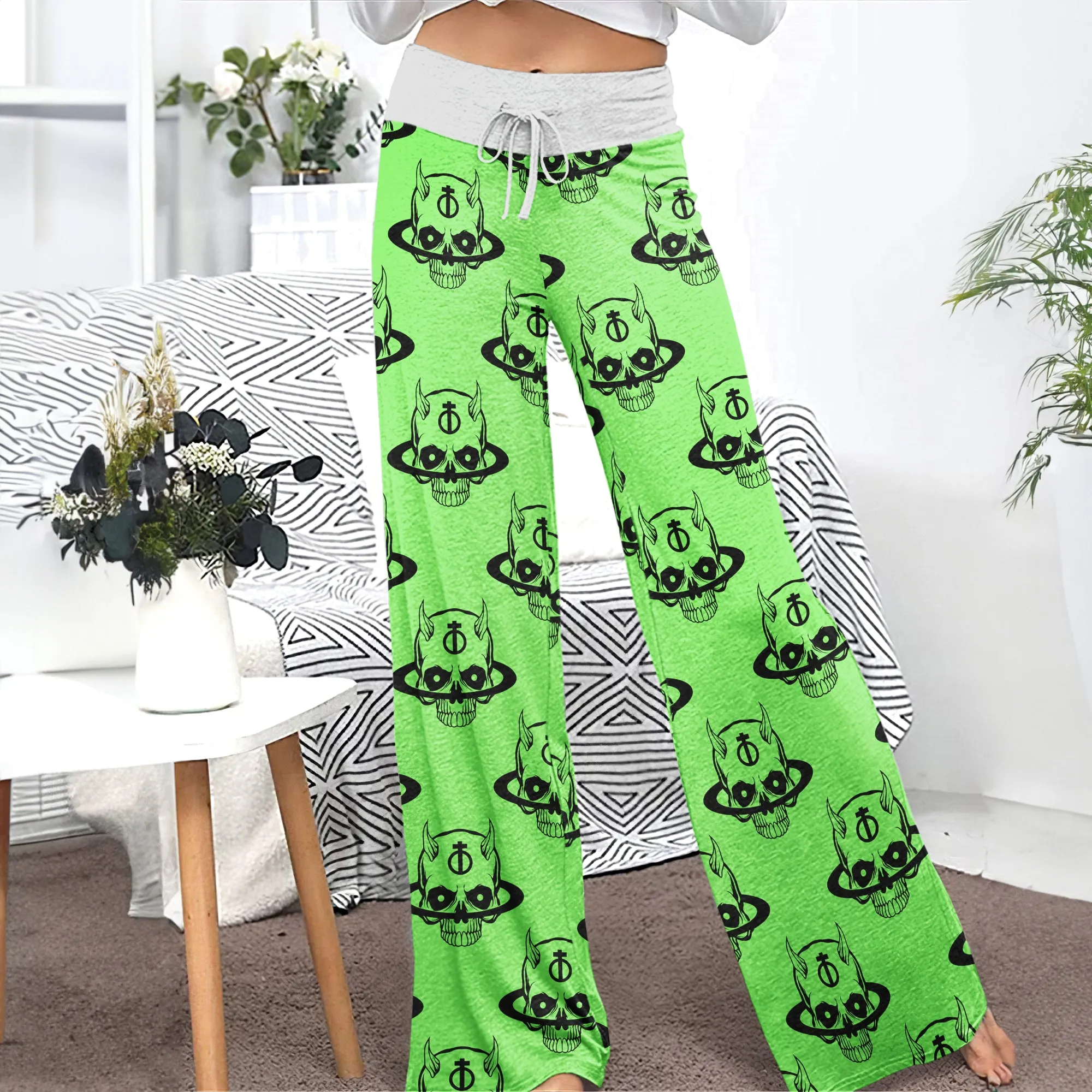 Green Baby Devil Art Women's High-waisted Wide Leg Pants