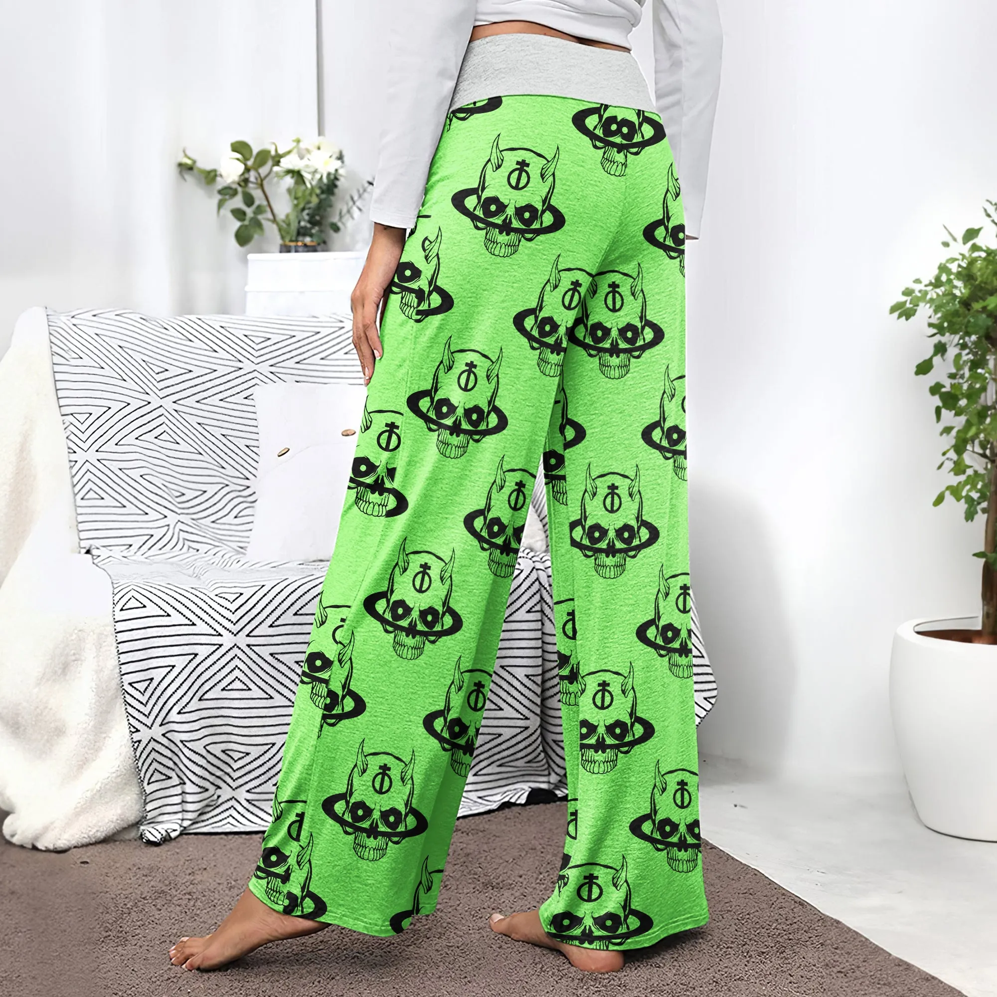 Green Baby Devil Art Women's High-waisted Wide Leg Pants