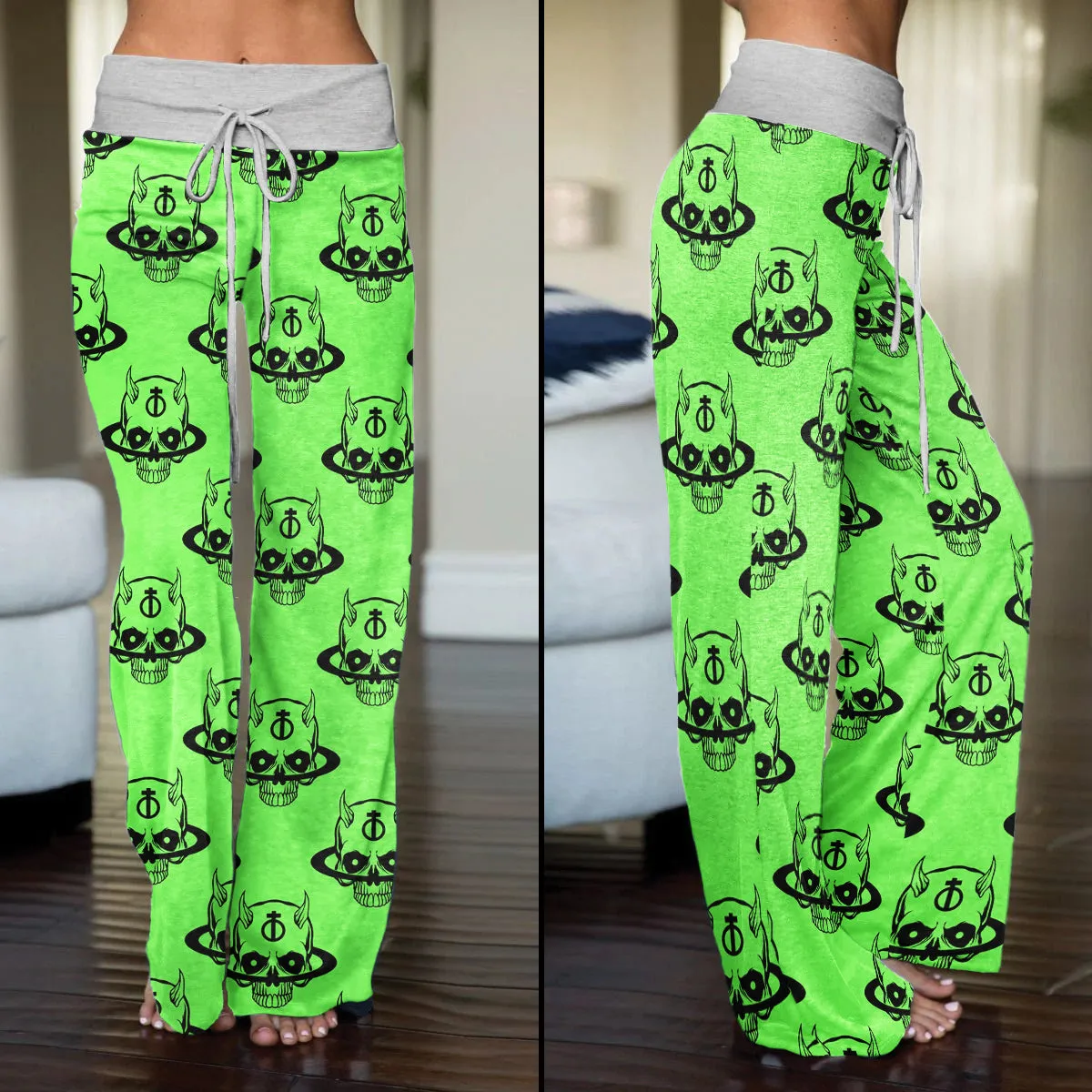 Green Baby Devil Art Women's High-waisted Wide Leg Pants