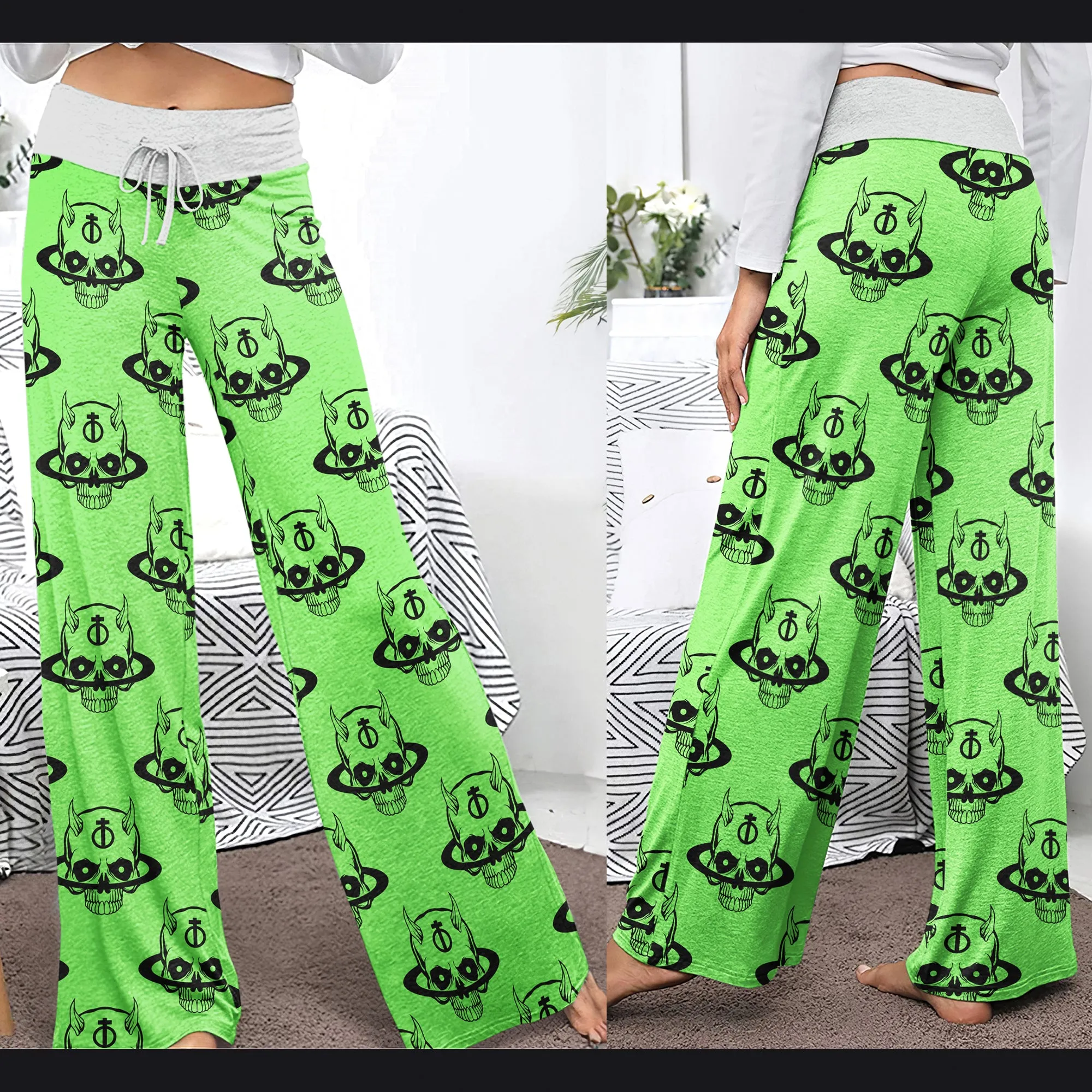 Green Baby Devil Art Women's High-waisted Wide Leg Pants