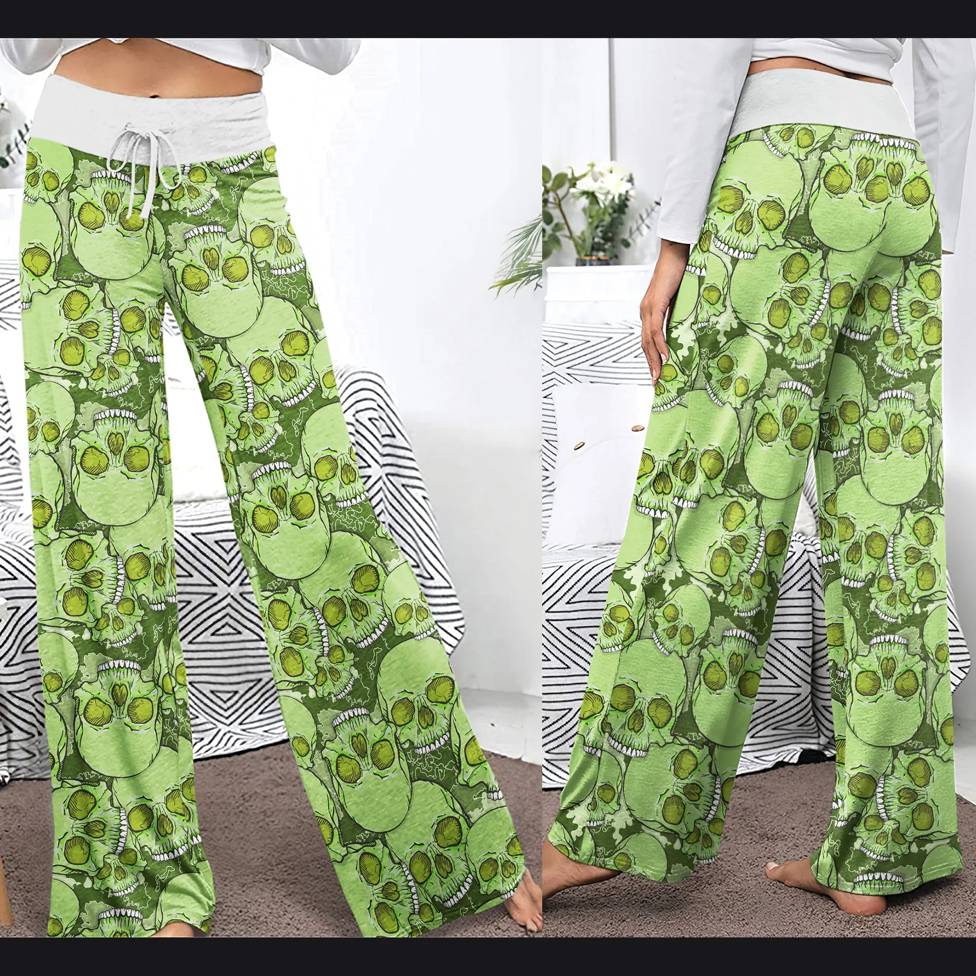 Green Baby Skull Women's High-waisted Wide Leg Pants