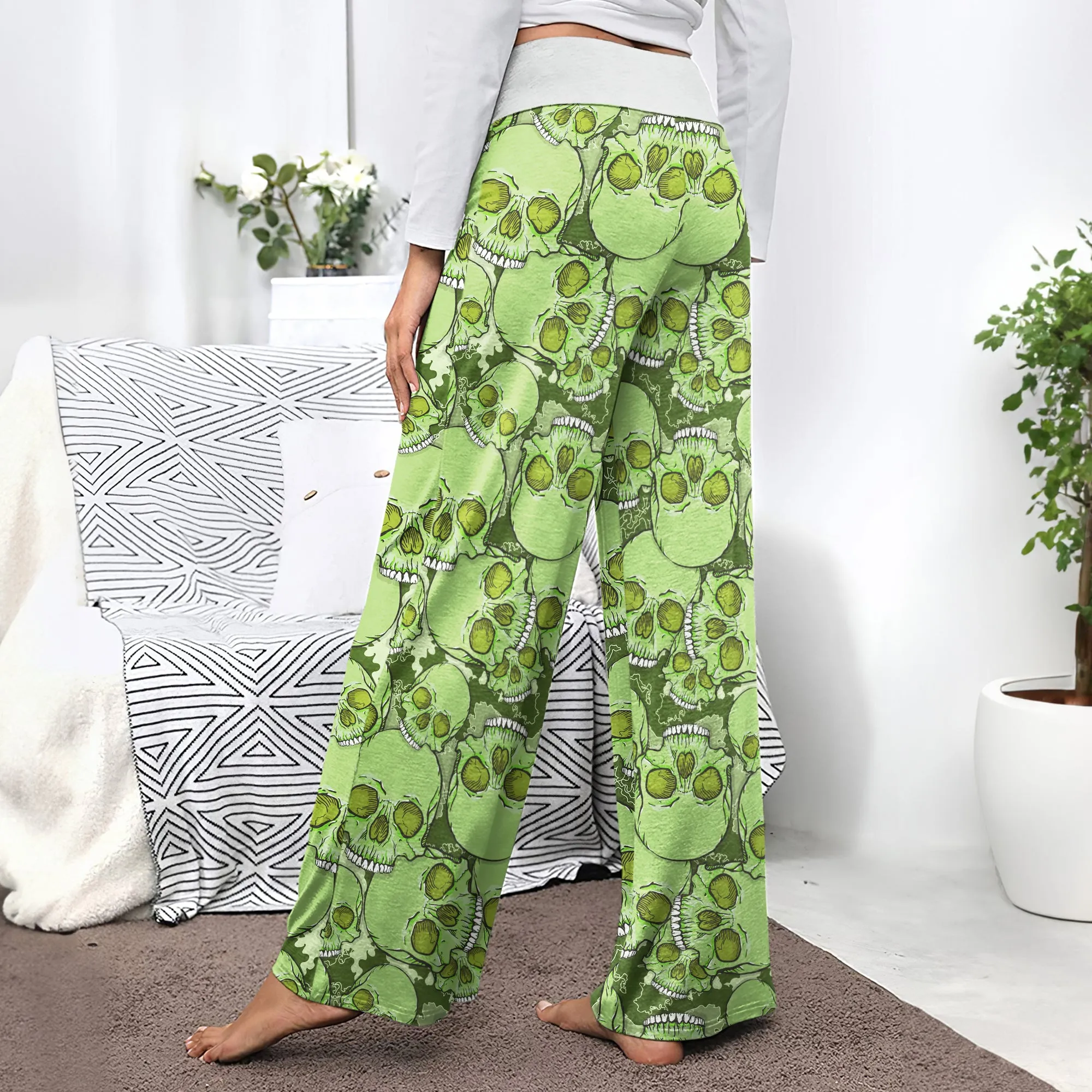 Green Baby Skull Women's High-waisted Wide Leg Pants