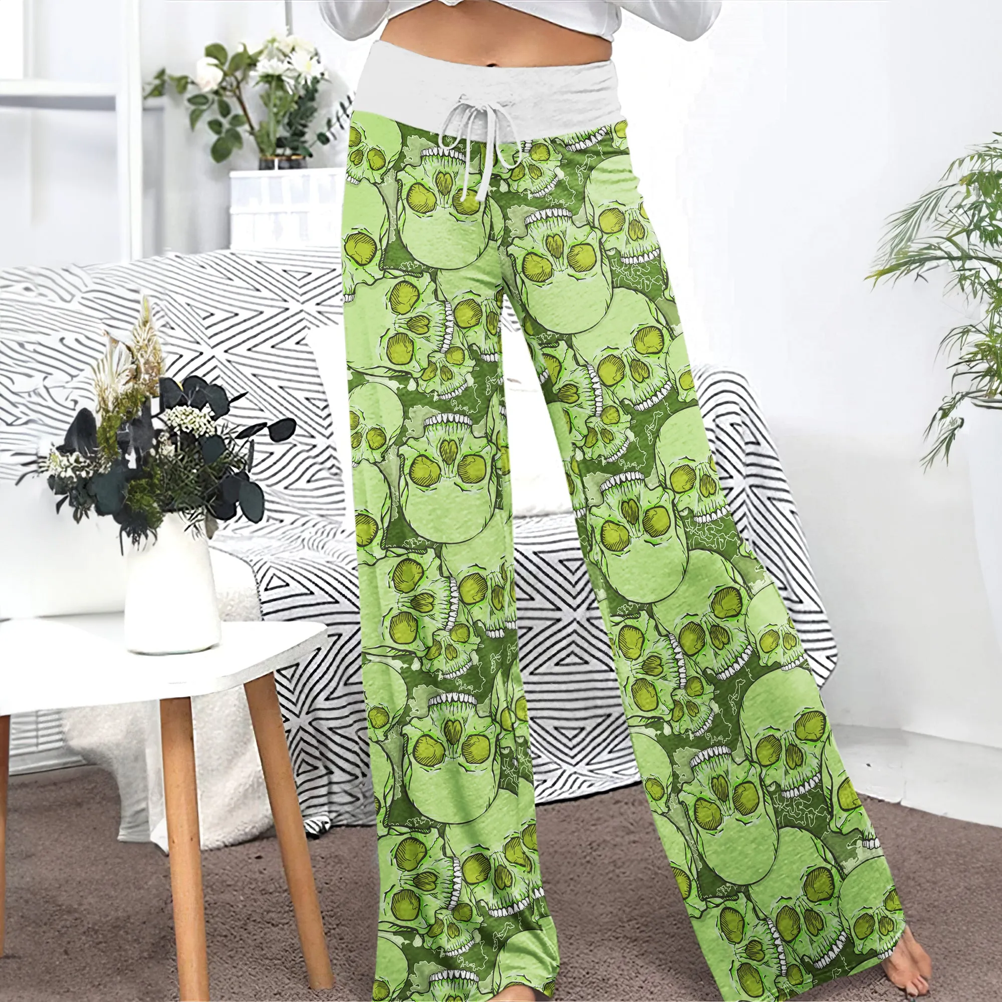Green Baby Skull Women's High-waisted Wide Leg Pants