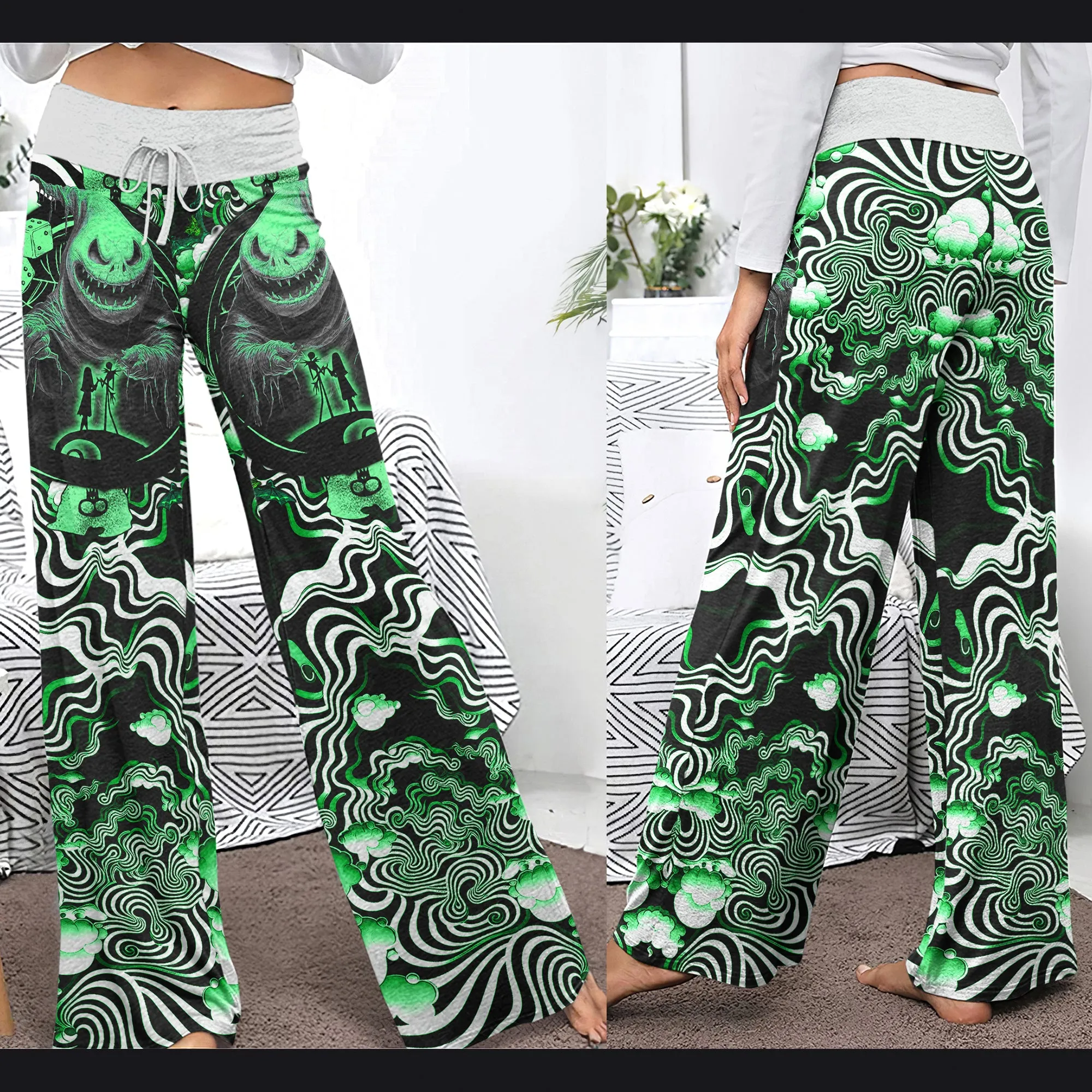 Green Nightmare Art Effect Women's High-waisted Wide Leg Pants