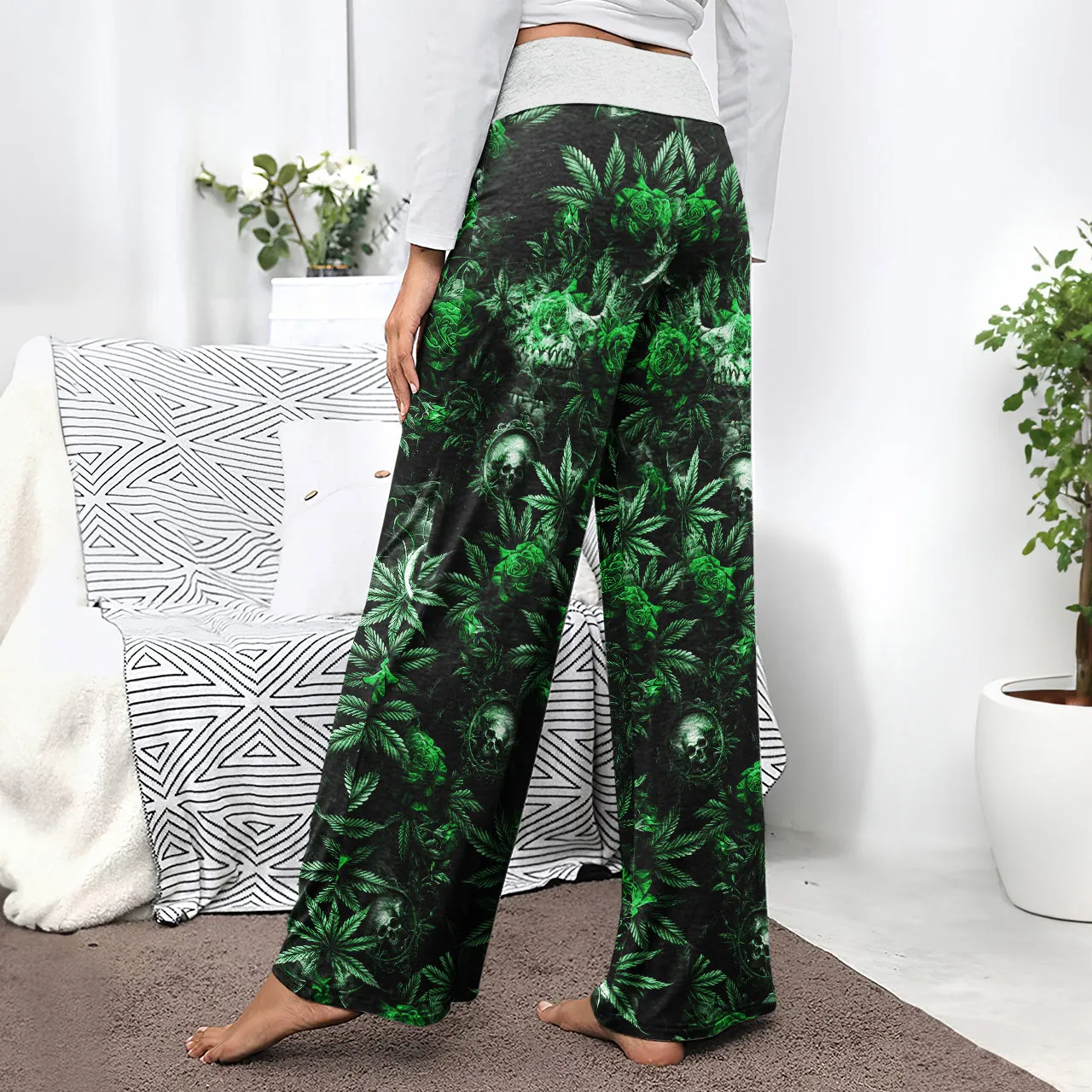 Green Skull Canabis Women's High-waisted Wide Leg Pants
