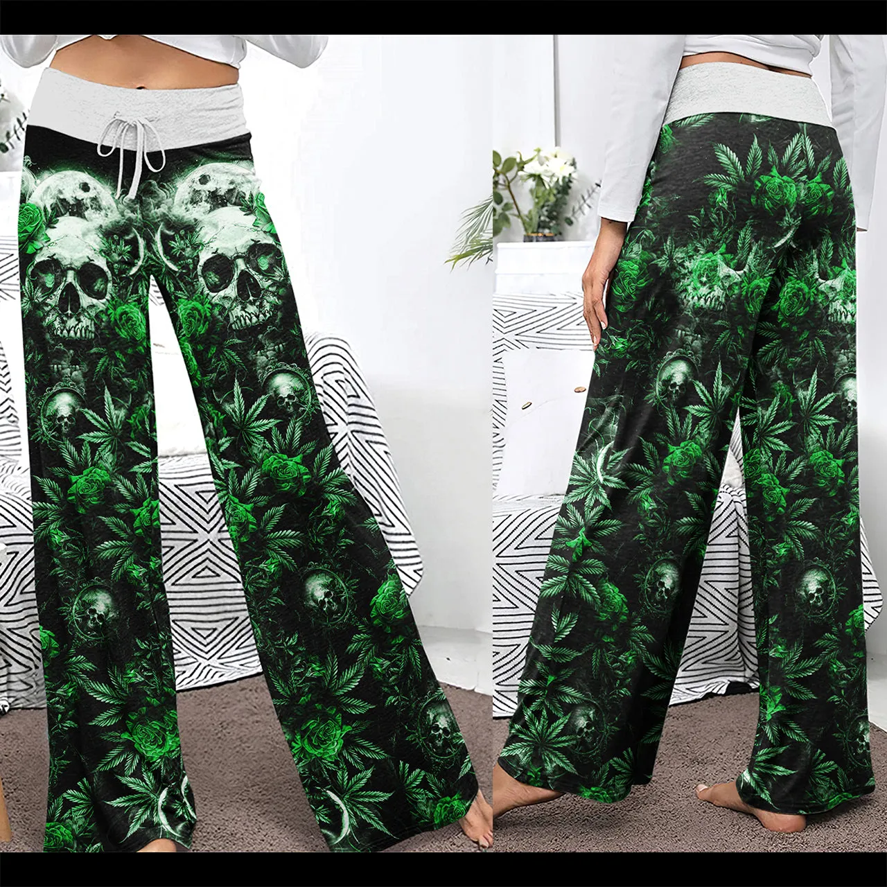Green Skull Canabis Women's High-waisted Wide Leg Pants