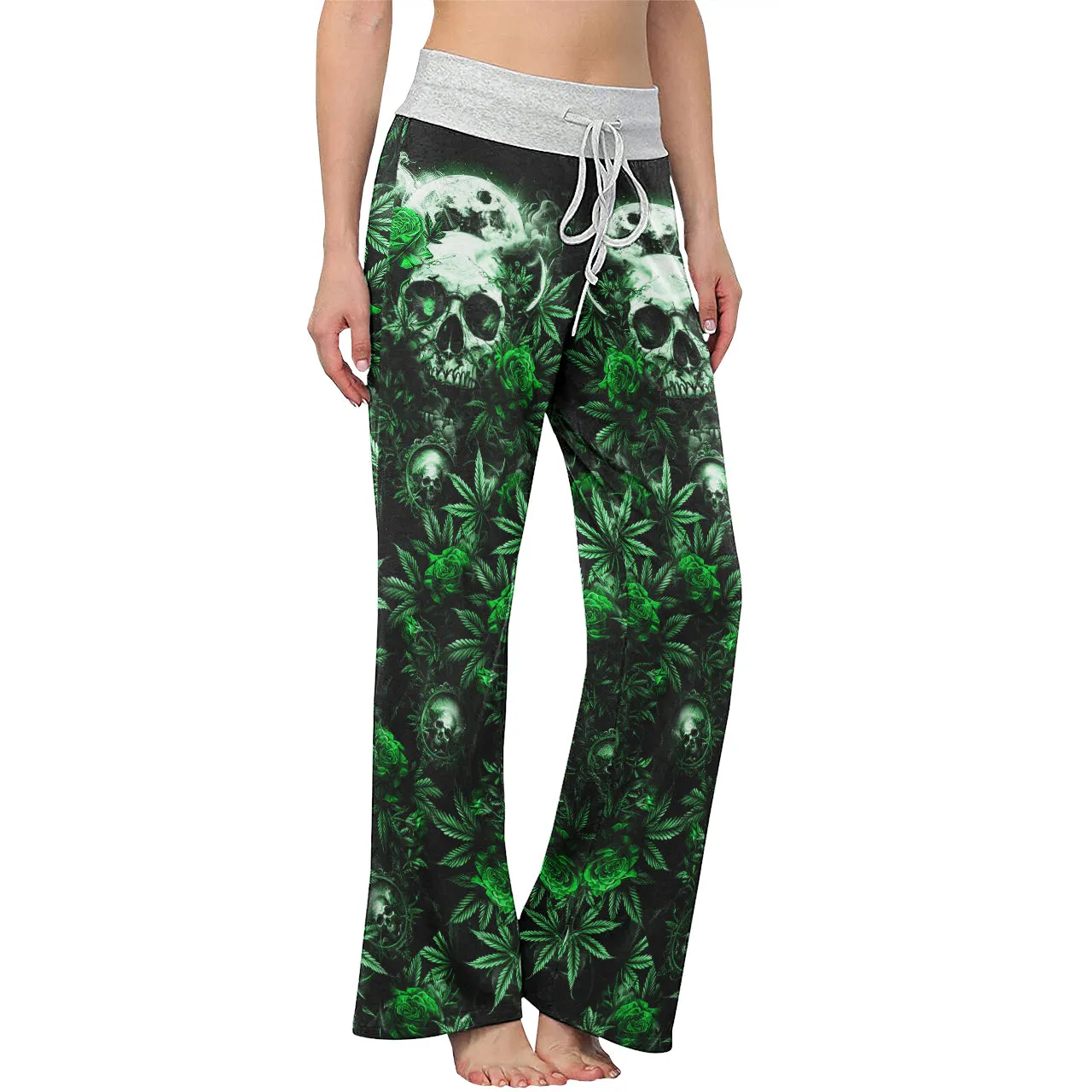 Green Skull Canabis Women's High-waisted Wide Leg Pants