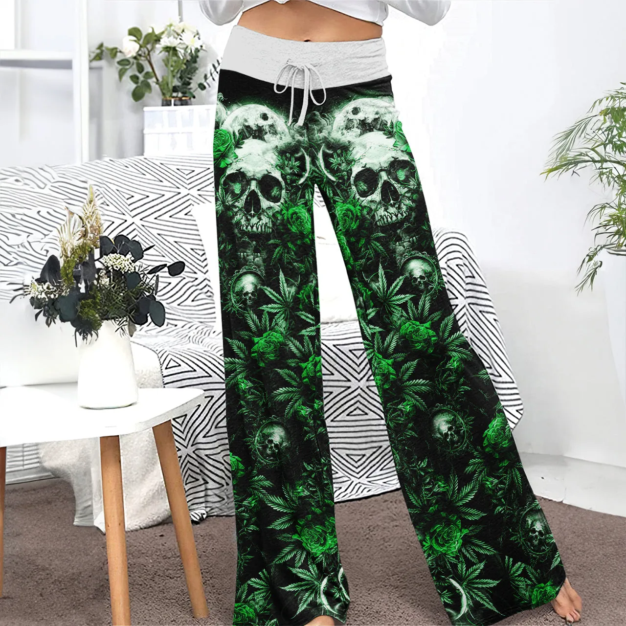 Green Skull Canabis Women's High-waisted Wide Leg Pants