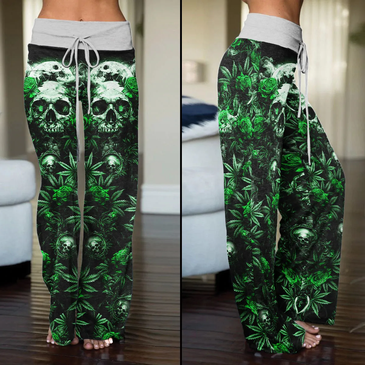 Green Skull Canabis Women's High-waisted Wide Leg Pants
