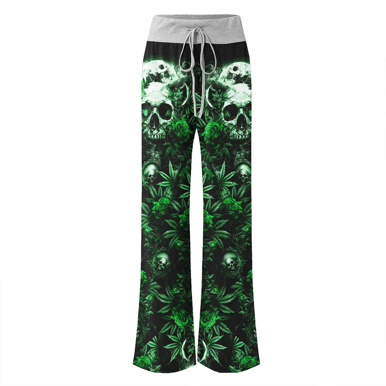 Green Skull Canabis Women's High-waisted Wide Leg Pants