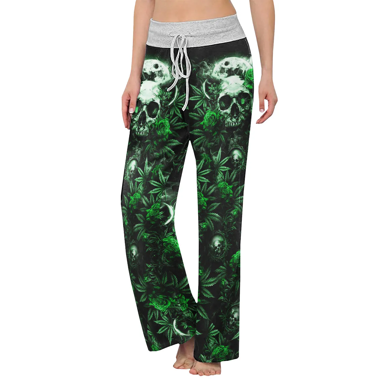 Green Skull Canabis Women's High-waisted Wide Leg Pants