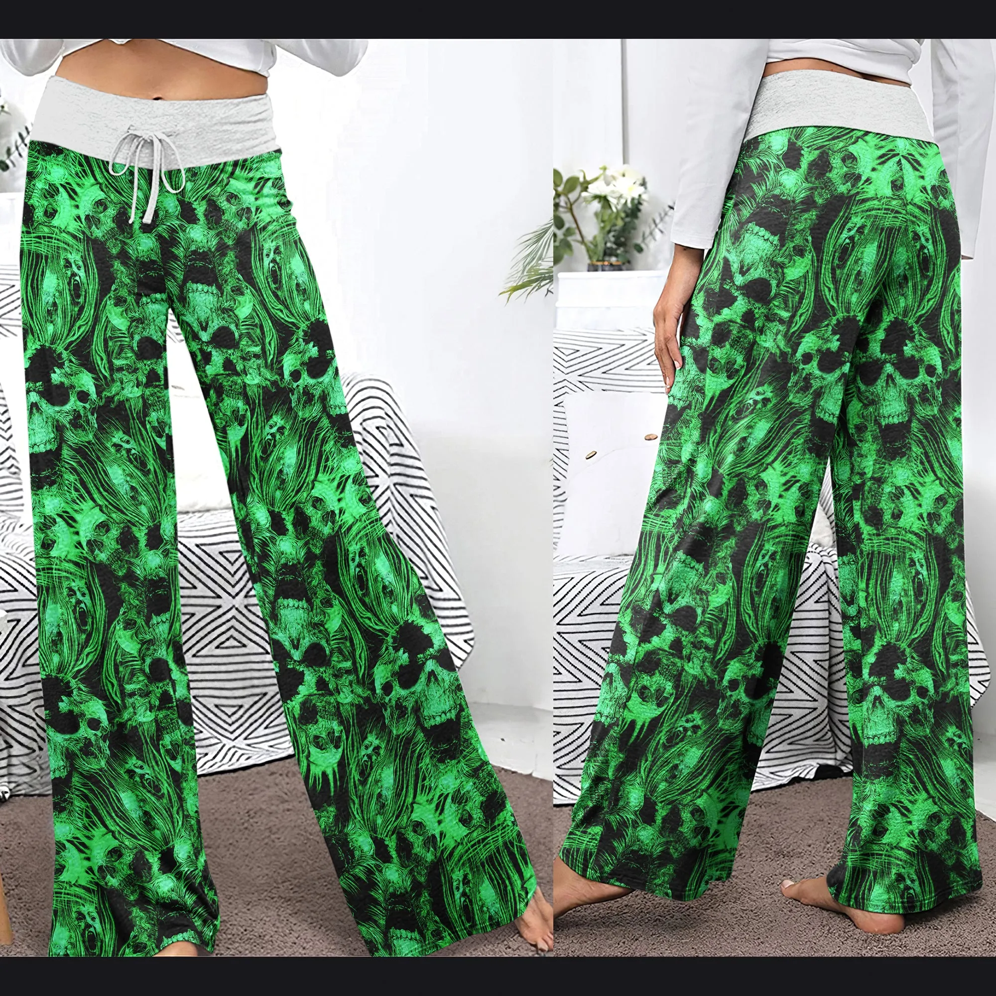 Green Skull Ghost Scared Women's High-waisted Wide Leg Pants
