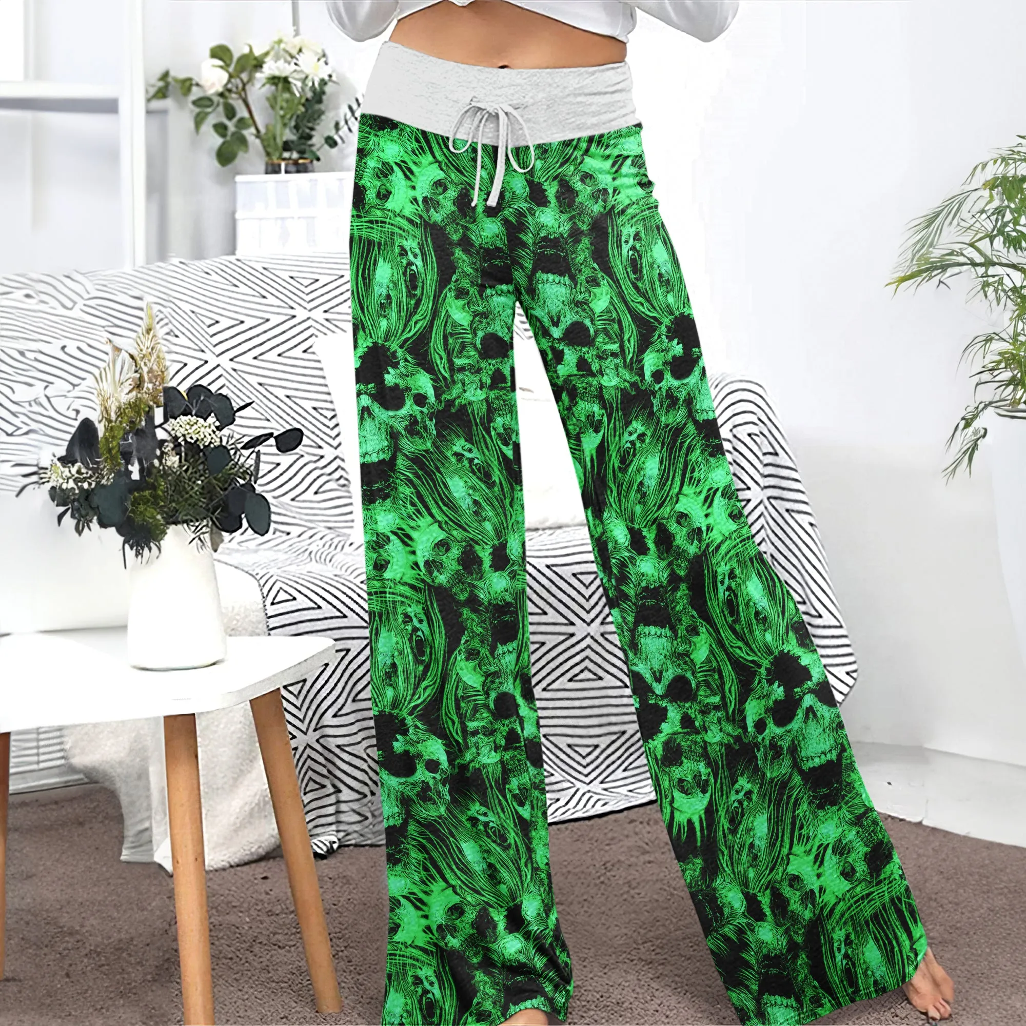 Green Skull Ghost Scared Women's High-waisted Wide Leg Pants