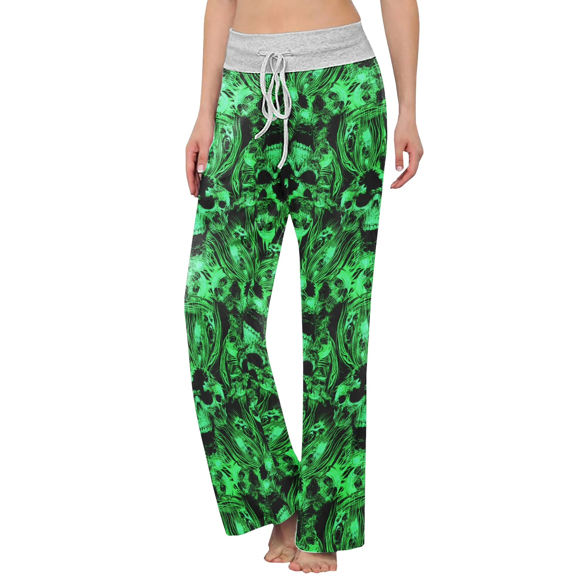 Green Skull Ghost Scared Women's High-waisted Wide Leg Pants