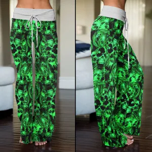 Green Skull Ghost Scared Women's High-waisted Wide Leg Pants