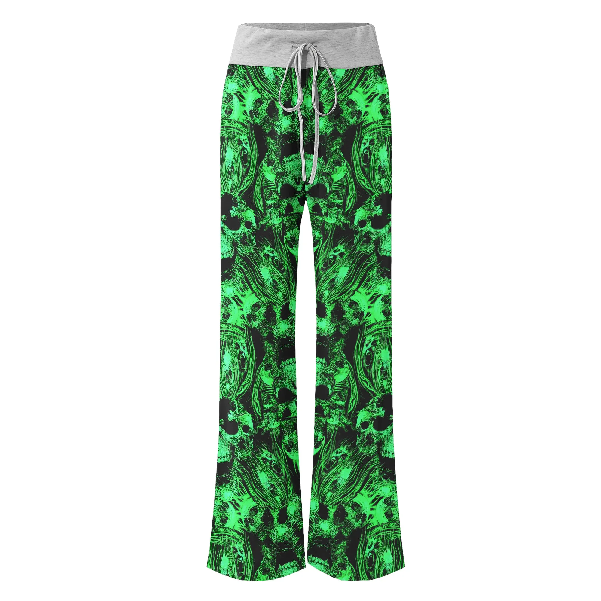 Green Skull Ghost Scared Women's High-waisted Wide Leg Pants