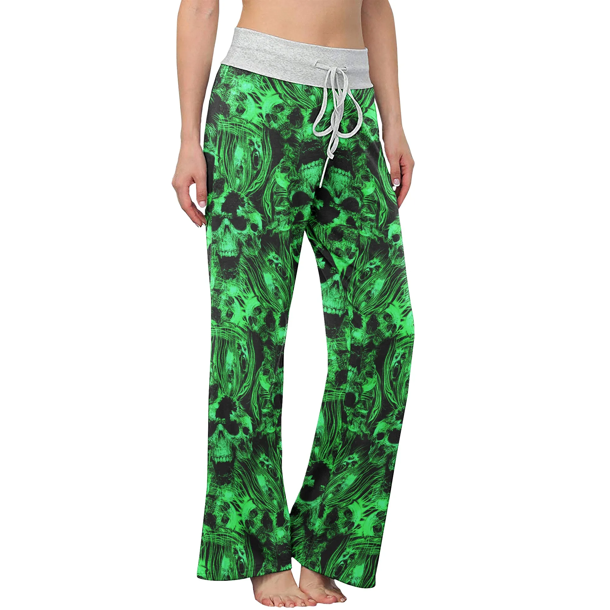 Green Skull Ghost Scared Women's High-waisted Wide Leg Pants