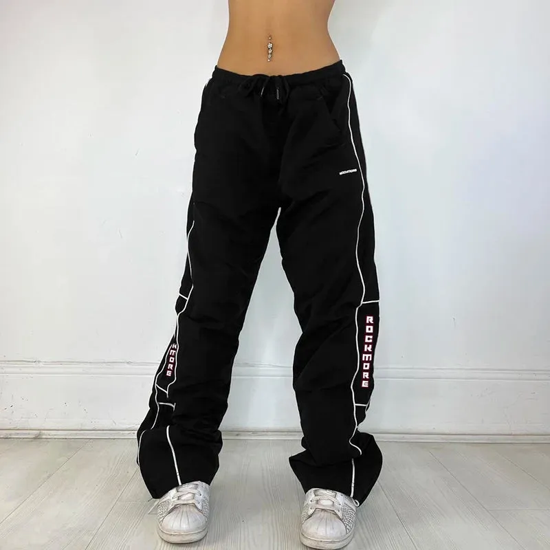 Harajuku Sporty Stripe Letter Baggy Pants Female Casual Low Waist Drawstring Tech Trousers Hip Hop Street Style Capri