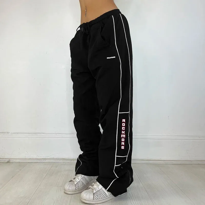 Harajuku Sporty Stripe Letter Baggy Pants Female Casual Low Waist Drawstring Tech Trousers Hip Hop Street Style Capri