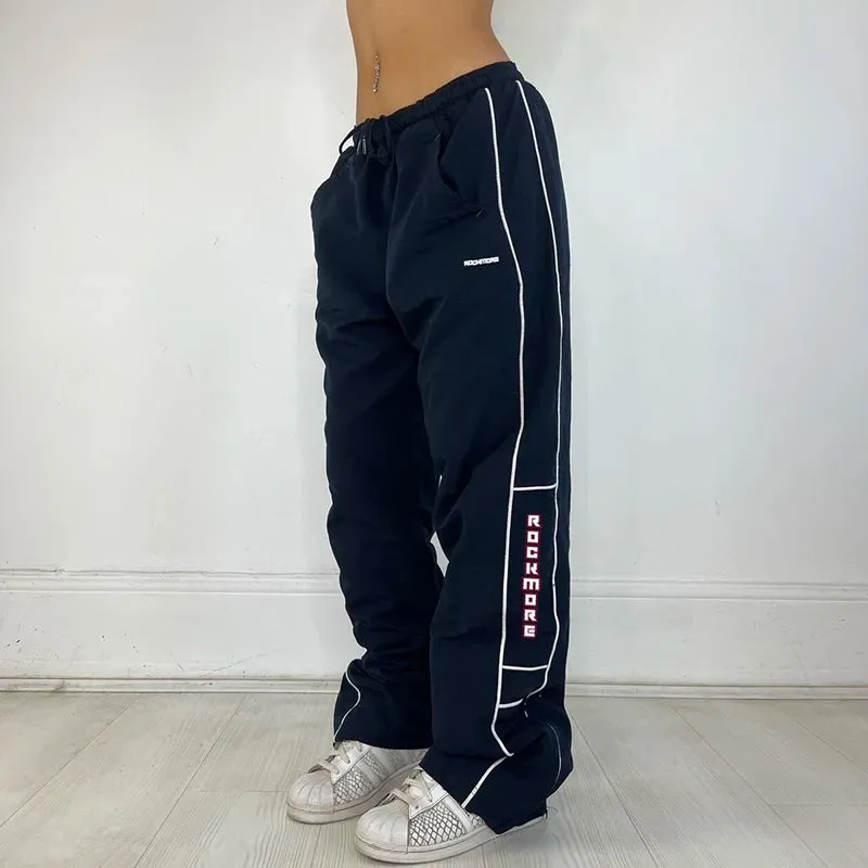 Harajuku Sporty Stripe Letter Baggy Pants Female Casual Low Waist Drawstring Tech Trousers Hip Hop Street Style Capri