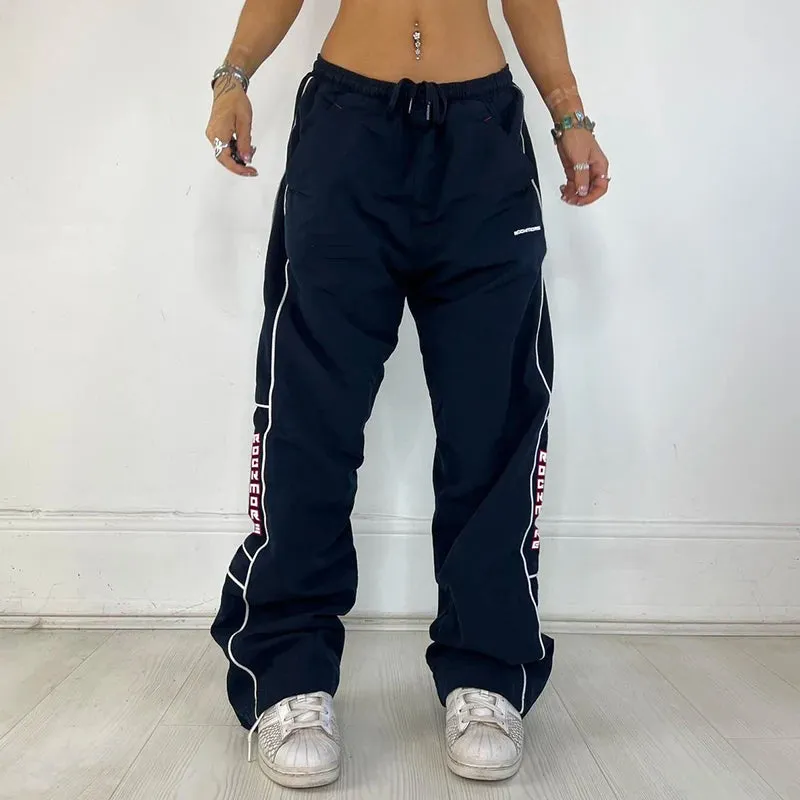 Harajuku Sporty Stripe Letter Baggy Pants Female Casual Low Waist Drawstring Tech Trousers Hip Hop Street Style Capri