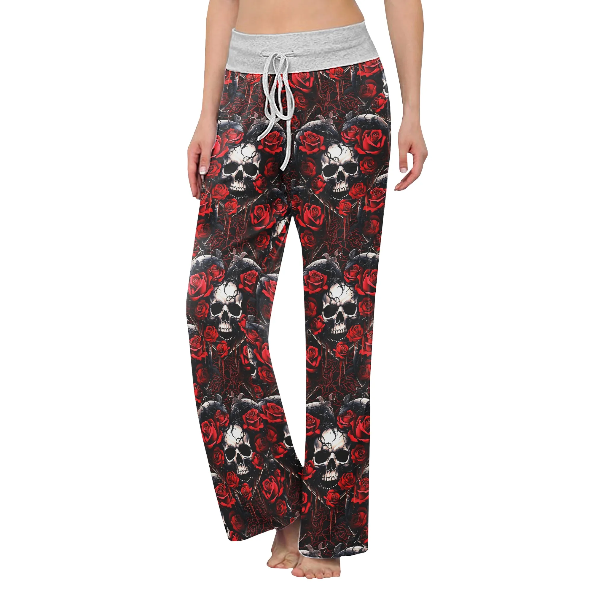 Heart Skull Rose Gothic Women's High-waisted Wide Leg Pants