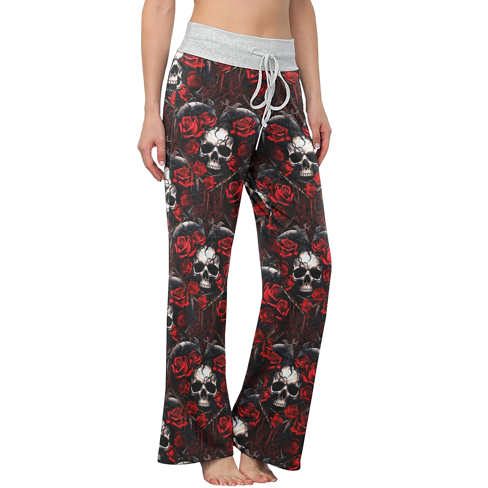 Heart Skull Rose Gothic Women's High-waisted Wide Leg Pants