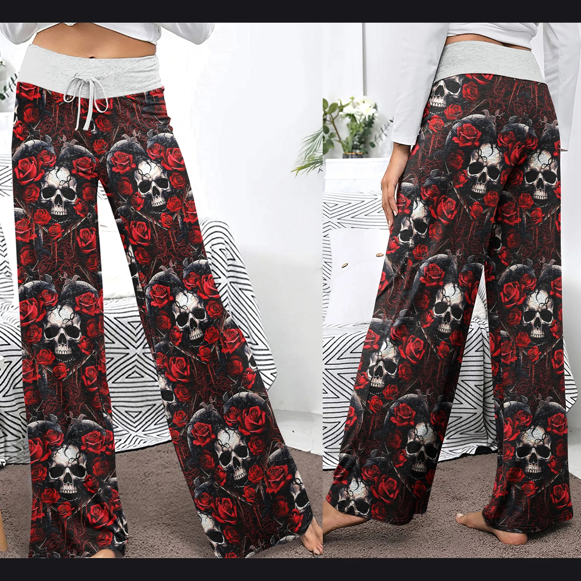 Heart Skull Rose Gothic Women's High-waisted Wide Leg Pants
