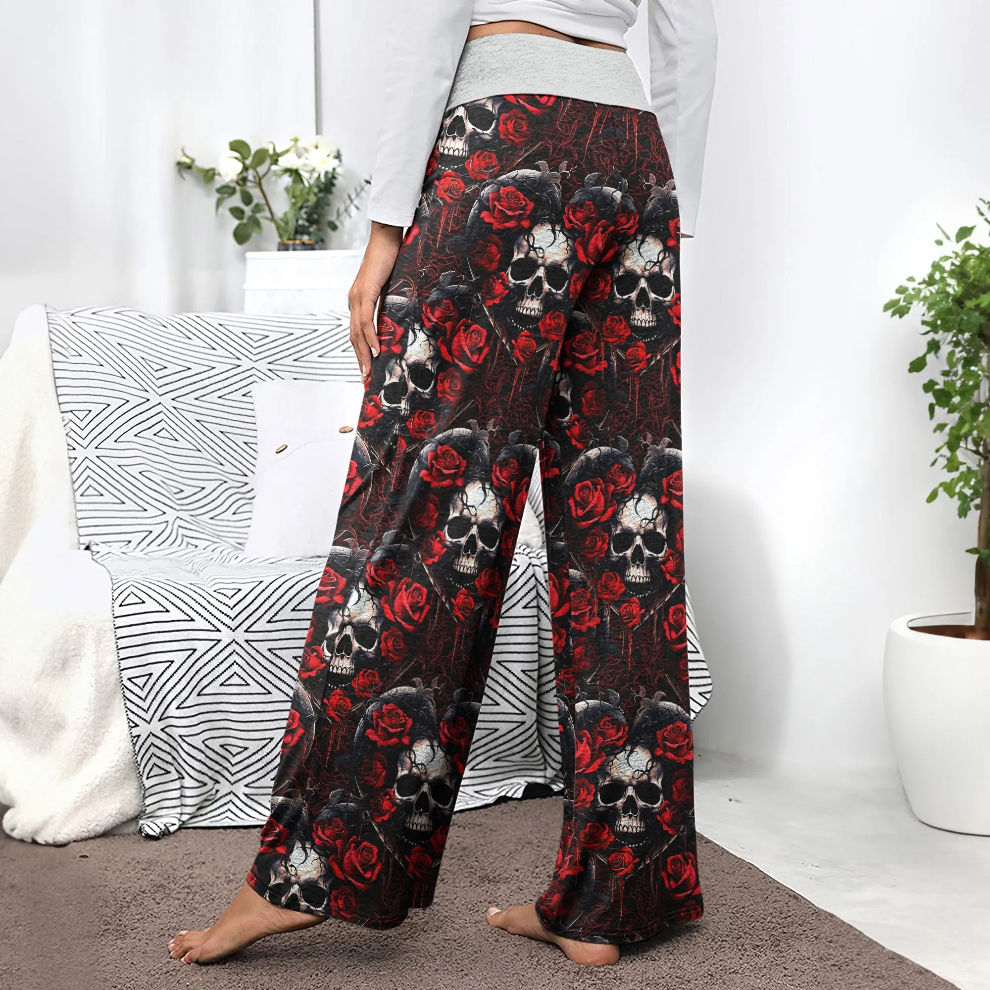 Heart Skull Rose Gothic Women's High-waisted Wide Leg Pants