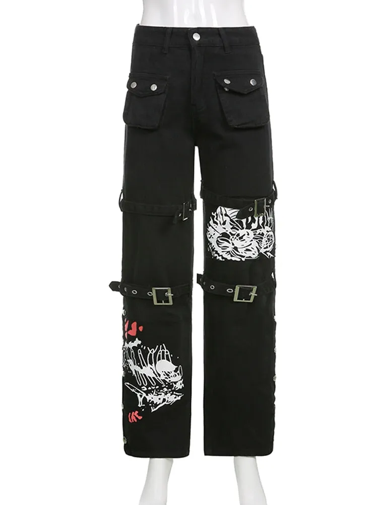 HEYounGIRL Black Harajuku Mall Goth Cargo Pants Capri Casual Print Low Waist Jeans Women Hip Hop Punk Casual Trousers Ladies