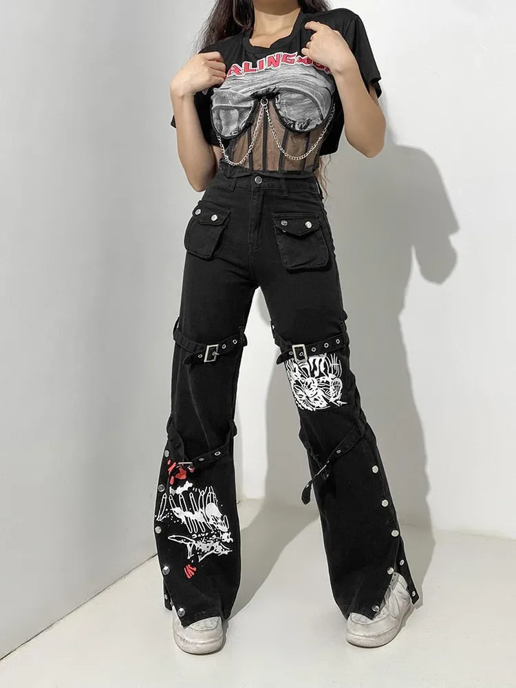 HEYounGIRL Black Harajuku Mall Goth Cargo Pants Capri Casual Print Low Waist Jeans Women Hip Hop Punk Casual Trousers Ladies
