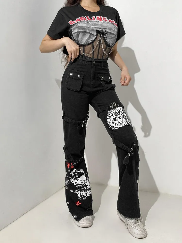 HEYounGIRL Black Harajuku Mall Goth Cargo Pants Capri Casual Print Low Waist Jeans Women Hip Hop Punk Casual Trousers Ladies