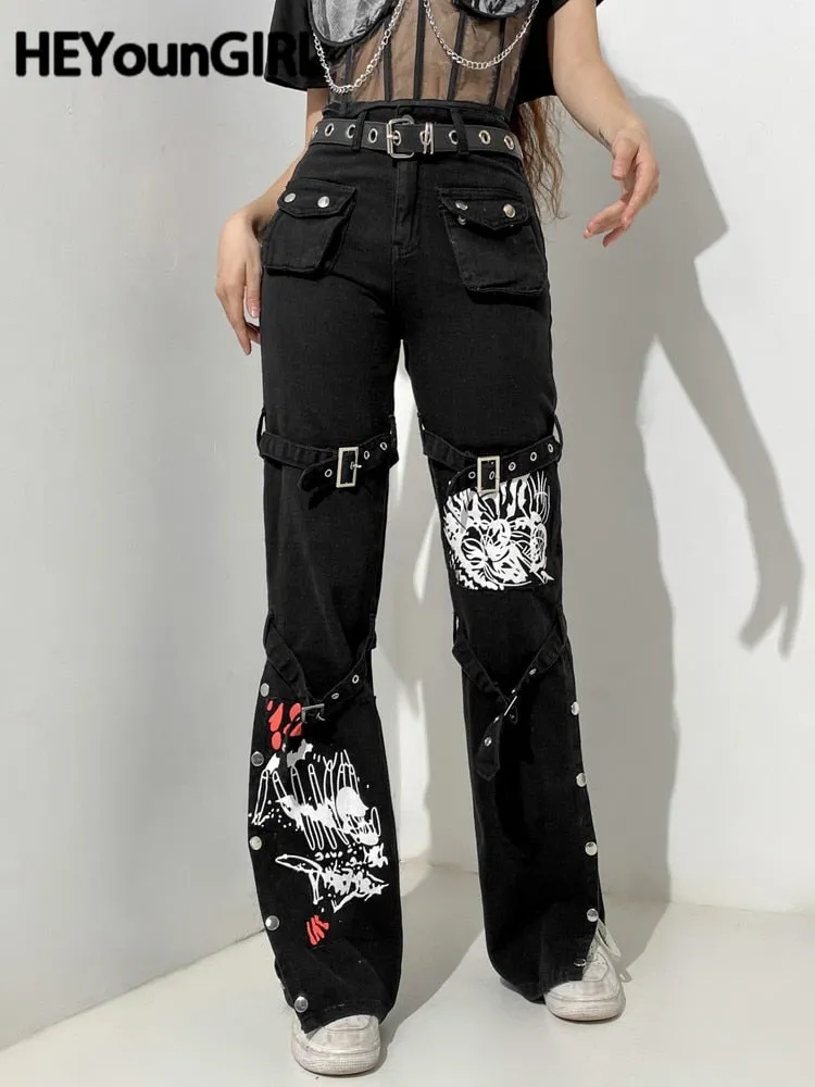 HEYounGIRL Black Harajuku Mall Goth Cargo Pants Capri Casual Print Low Waist Jeans Women Hip Hop Punk Casual Trousers Ladies