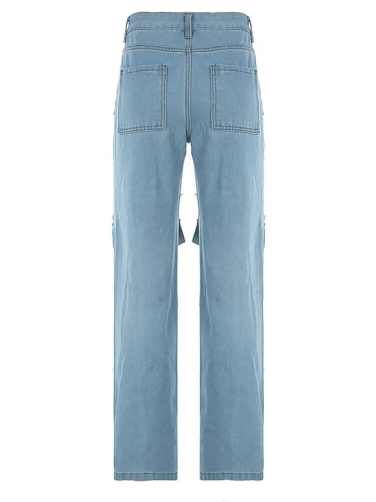 Hollow Out Straight Leg Distressed Jeans