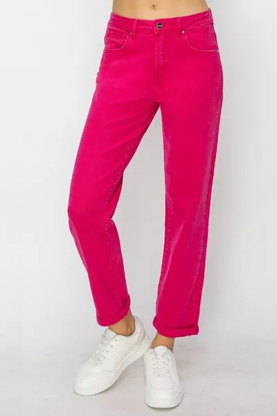 Jasmine - High Waist Rolled Hem Straight Jeans - Fuchsia - Risen - Exclusively Online