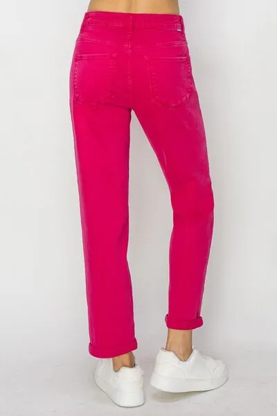 Jasmine - High Waist Rolled Hem Straight Jeans - Fuchsia - Risen - Exclusively Online